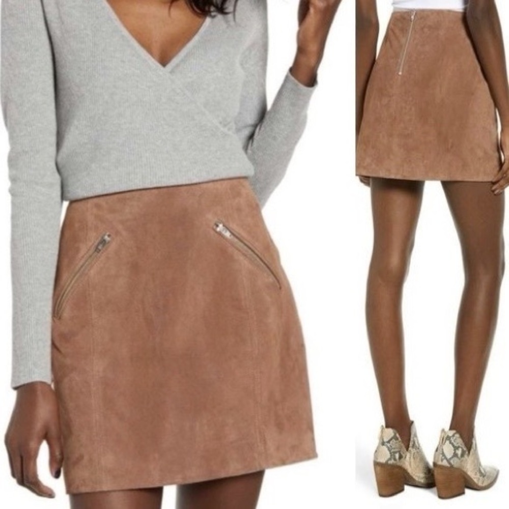 BLANK NYC Brown Soft Real Leather Suede High Waist Front Pockets Mini Skirt